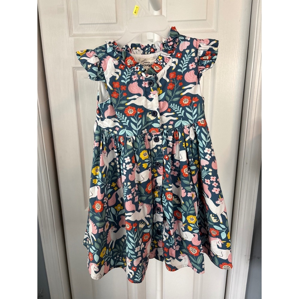 Little Miss Marmalade Girls Unicorn Floral Ruffle Dress Navy Blue Button‎ Front